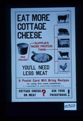 Eat more cottage cheese; one pound supplies more protein than ... you'll need less meat; a postal card will bring recipes for using this meat substitute