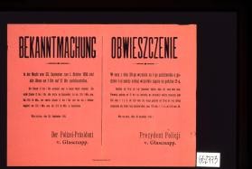 Bekanntmachung. In der Nacht vom 30. September zum 1.Oktober 1916 sind alle Uhre um 1 Uhr zuruckstellen ... Obwieszczenie. ... nalezy cofnac wszystkie zegary ... Warszawa, dnia 28. wrzesnia 1916 r. Prezydent Policji. v. Glasenapp