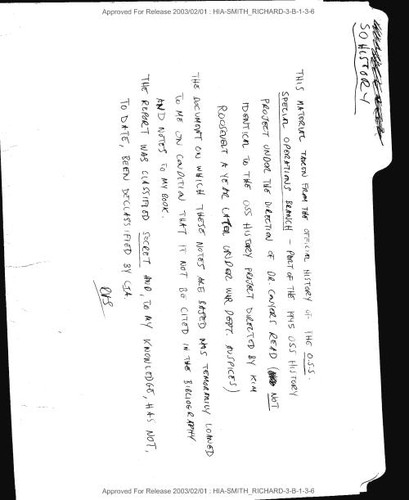 R. Harris Smith note about official history of the OSS Special Operations Branch