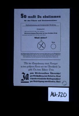 So muss du abstimmen fur den Fuhrer und Grossdeutchland. ... Wiedervereiningung Osterreichs mit dem Deutschen Reich ... Hitler ... Ja zum wiederaufbau Osterreichs!