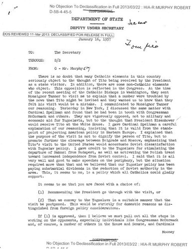 Robert Murphy memo to the secretary regarding state visit of Tito