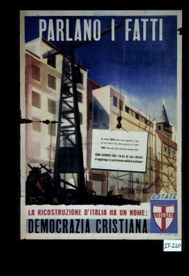 Parlano i fatti. 5 millioni 893 mila vani riparati e ricostruiti dalla fine della guerra al 1952. 700 mila vani nuovi costruiti nel solo 1952. Ogni giorno una casa di 150 locali si aggiunge al patrimonio edilizio italiano! La ricostruzaione d'Italia ha un nome: Democrazia Cristiana