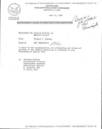 R. T. Kennedy memo regarding Three Mile Island transcripts