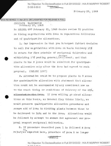 Douglas cable regarding US position regarding timing negotiations with Soviets on reparations deliveries
