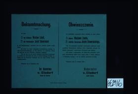 Bekanntmachung. Ich habe den Schlosser 1) den Schlosser Waclaw Libelt, 2) den Fabrikarbeiter Josef Skowronski in en Gefangenenlager verschickt, weil se verbotene Aufrufe verteilt. ... Warschau, den 21. September 1915. Der Gouverneur v. Etzdorf, General der Infanterie. ... Obwieszczenie ... Gubernator v. Etzdorf, Jeneral piechoty