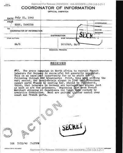 Eddy, Tangier, dispatch to Coordinator of Information number 65 regarding campaign to recruit French laborers for Germany