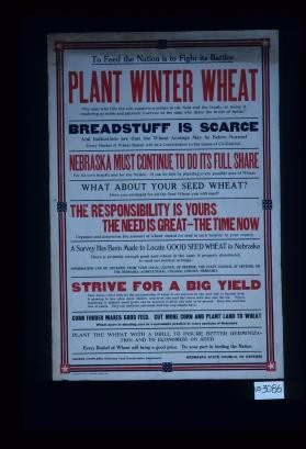 To feed the nation is to fight its battles. Plant winter wheat ... Breadstuff is scarce ... Nebraska must continue to do its full share ... What about your seed wheat? ... The responsibility is yours, the need is great - the time is now ... A survey has been made to locate good seed wheat in Nebraska, strive for a big yield ... Corn fodder makes good feed. Cut more corn and plant land to wheat