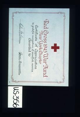Red Cross 1945 war fund, New York Chapter, Certificate of appreciation