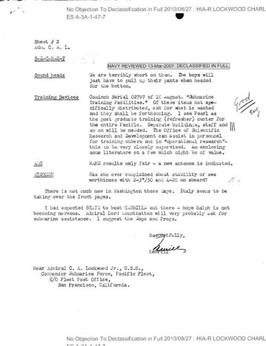 Merrill Comstock letter to Rear Admiral C. A. Lockwood