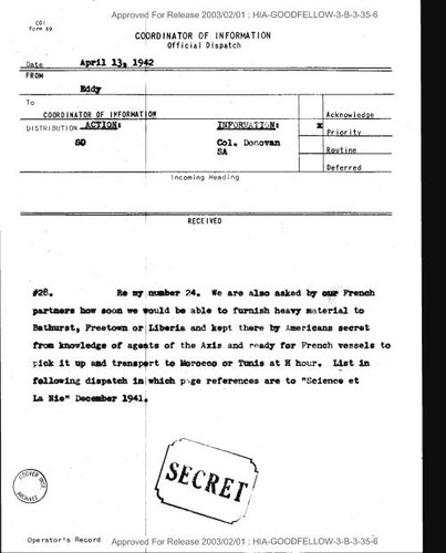 Eddy dispatch to Coordinator of Information number 28 regarding heavy material