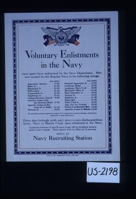 Voluntary enlistments in the Navy have again been authorized by the Navy Department. Men now needed for the Regular Navy in the following ratings: Apprentice Seaman [age limits] 17-30; Baker 2c ... ; Fireman 3c for Machinist's Mate. Thirty days furlough (with pay) given to men discharged from Army, Navy or Marine Corps upon enlistment in the Navy. ... Apply at Navy Recruiting Station
