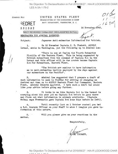 E. E. Yeomans memo regarding Japanese anti-submarine information for British