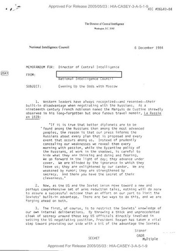 National Intelligence Council memo to director of central intelligence regarding evening up the odds with Moscow