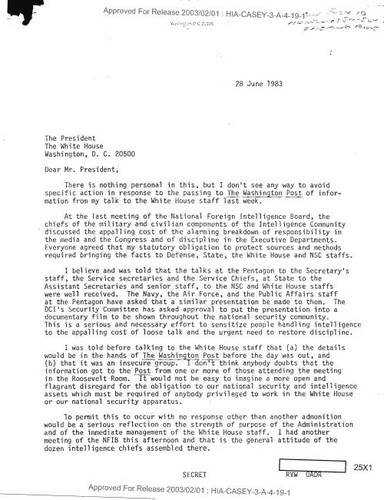 William J. Casey letter to the president regarding leak of information to Washington Post