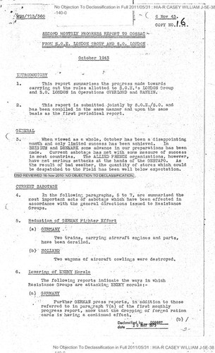 Second monthly progress report for October 1943 to COSSAC from S.O.E. London group and S.O. London