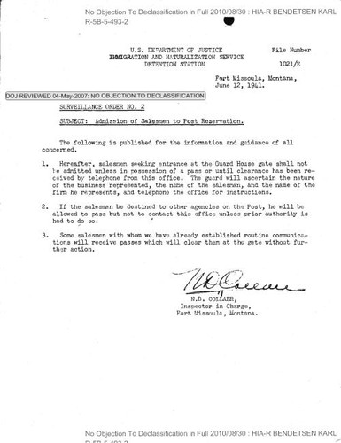 Immigration and Naturalization Service Detention Station, Fort Missoula, Montana, Surveillance Order No. 2, Admission of salesmen to post reservation