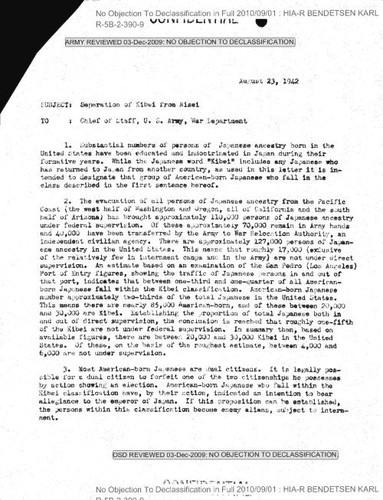 J. L. DeWitt memo regarding separation of Kibei from Nisei