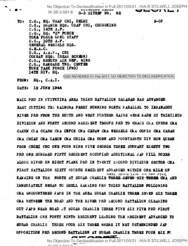 Outgoing radio from HQ., C.A.I. to C.G., HQ. USAF CBI, Delhi and others