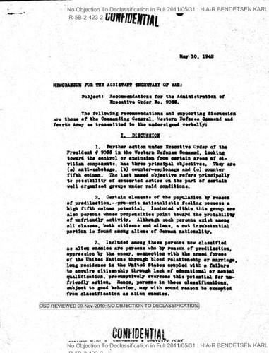 Bendetsen memo regarding recommendation for the administration of Executive Order No. 9066