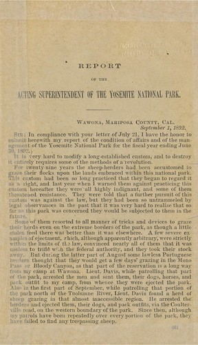 Annual Report of the Superintendent of the Yosemite National Park to the Secretary of the Interior for the Year Ending June 30, 1892