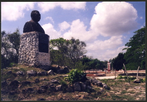 Monument to Lazaro Cardenas, from side, showing Hacienda Ruins in the Distance