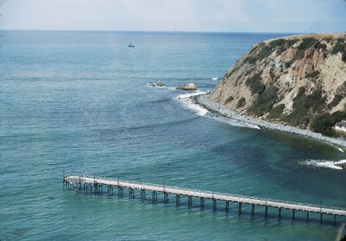 Aerial view of Dana Point Cove, California, with a southerly swell that day. August 9, 1949