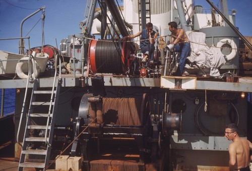 Lower winch is in use for net tow. Upper is for GEK