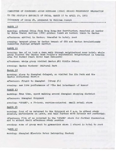 Itinerary of 1972 CCAS Friendship Delegation