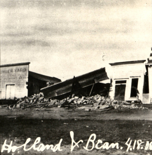 Holland's Store (center) in Tomales, built in 1856 as a stone structure, in ruins, after the earthquake of April 18, 1906, Marin County, California [photograph]