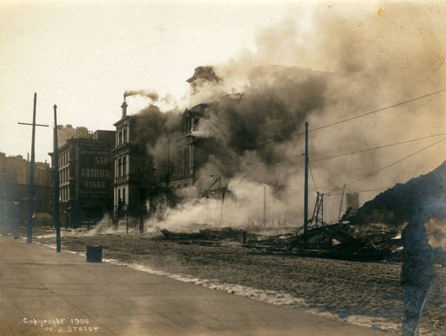 Lincoln School burning, San Francisco Earthquake and Fire, 1906 [photograph]