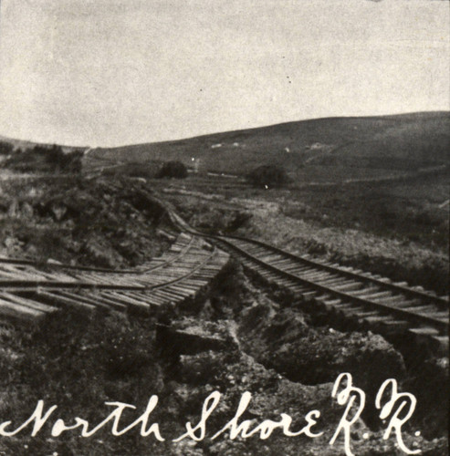 North Shore Railroad tracks near Tomales, twisted by the earthquake of April 18, 1906, Marin County, California [photograph]