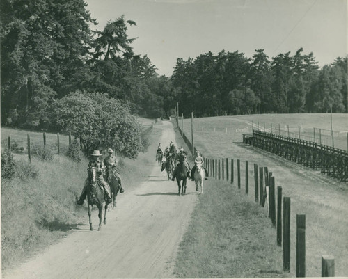 Horseback riders near the rodeo arena at Bear Valley Ranch, Marin County, California, circa 1948 [photograph]