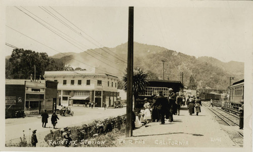 Main Street (now Broadway) and the railroad depot, Fairfax, Marin County, California, circa 1923 [photograph]