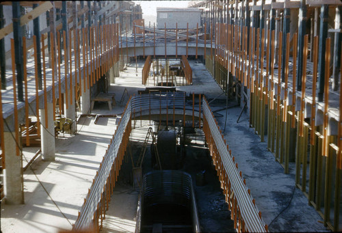 Interior view of Administration Building construction, part of the Frank Lloyd Wright-designed Marin County Civic Center, San Rafael, California, circa 1960 [photograph]