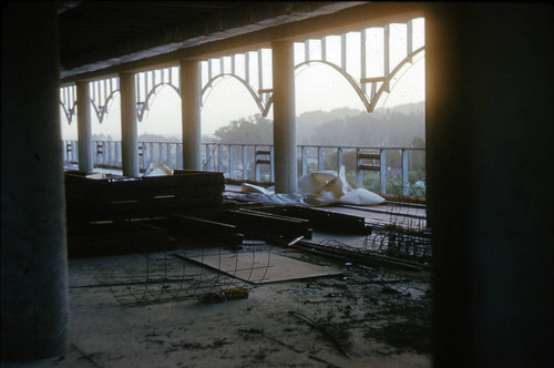 Interior view of Administration Building construction, part of the Frank Lloyd Wright-designed Marin County Civic Center, San Rafael, California, circa 1961 [photograph]