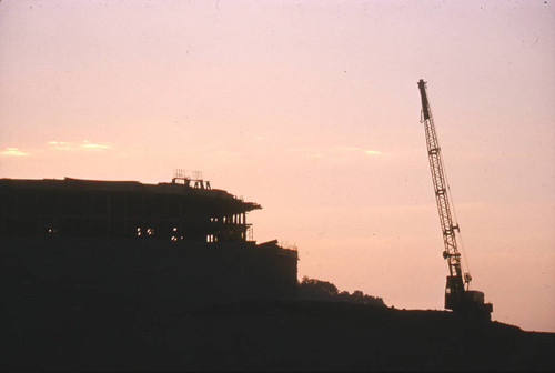 Administration Building under construction, circa 1960, at the Frank Lloyd Wright-designed Marin County Civic Center, San Rafael, California [photograph]