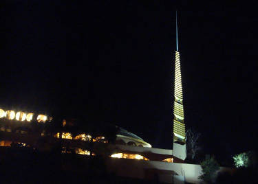 Marin County Civic Center, designed by Frank Lloyd Wright, with spire illuminated, 2013 [photograph]