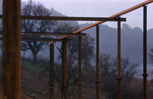 View of the Frank Lloyd Wright-designed Marin County Civic Center property with Administration Building framing in foreground, circa 1960 [photograph]