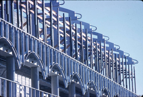 Administration Building under construction, circa 1960, at the Frank Lloyd Wright-designed Marin County Civic Center, San Rafael, California [photograph]