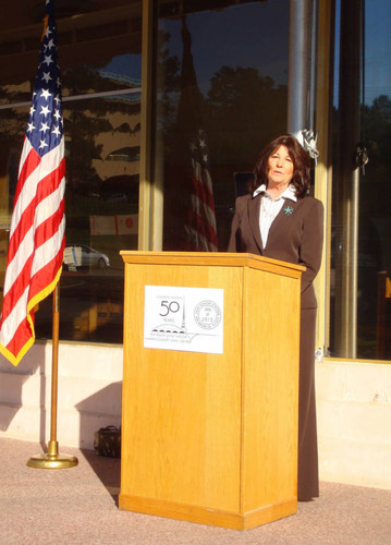 Marin County Supervisor Judy Arnold at the unveiling of the "50th Anniversary Postmark" at the Civic Center Post Office on January 17, 2013 [photograph]