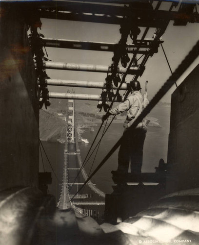 Looking north from the top of the south (San Francisco) tower of the Golden Gate Bridge construction, October, 1935 [photograph]