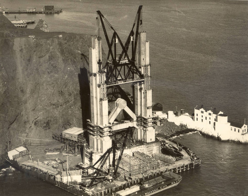 Construction of the north (Marin County) tower of the Golden Gate Bridge, circa January, 1934 [photograph]