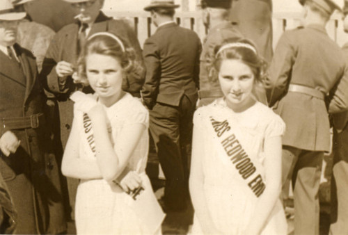 Nancy and Martye Kent of Marin County representing the Redwood Empire at the "Last Rivet" ceremony on the Golden Gate Bridge, April 27, 1937 [photograph]