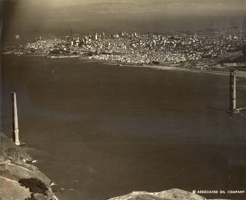 View from the Marin County Headlands, looking towards San Francisco, June, 1935, just before J.A. Roebling & Sons began spinning cable for the span of the Golden Gate Bridge [photograph]