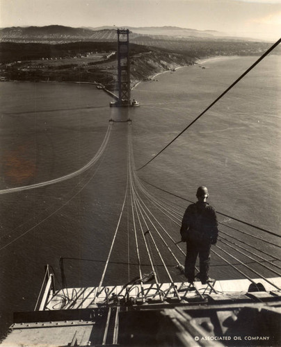 Footbridge ropes stretch across the Golden Gate during the construction of the bridge, September, 1935 [photograph]