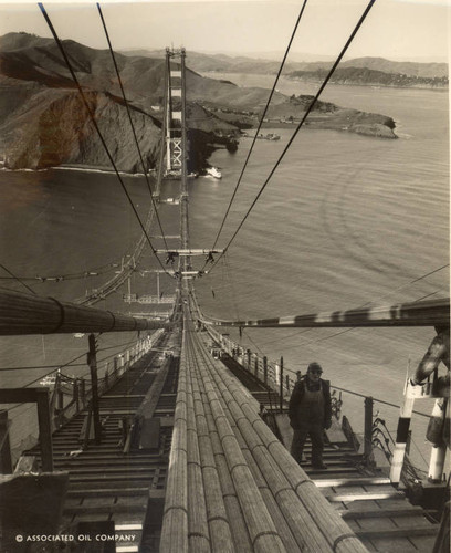 Looking north from the top of the south (San Francisco) tower of the Golden Gate Bridge during its construction, January, 1936 [photograph]