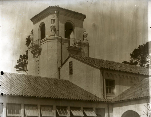 Tower and roof line of Harlan Hall at Marin Junior College in Kentfield, Marin County, California, circa 1930 [photograph]