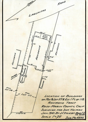 Location of Buildings on Wly. [Westerly] 1/2 Lot & Ely. [Easterly] 1 Ft. of 118, Raymond Tract, Ross, Marin County, California, Surveyed for Sam Heiman