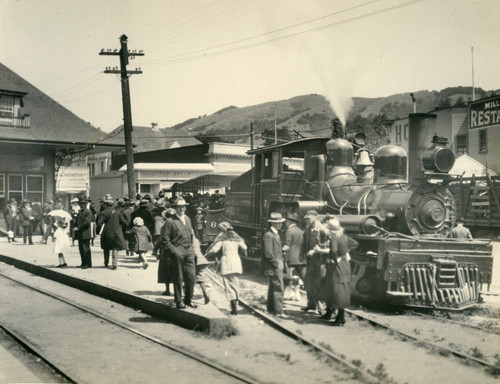 Mt. Tamalpais and Muir Woods Railroad at Mill Valley station, Marin County, California, circa 1922 [photograph]