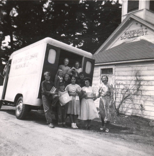 The Marin County Free Library Bookmobile, at the Marshall School, Marshall, California, 1948 [photograph]